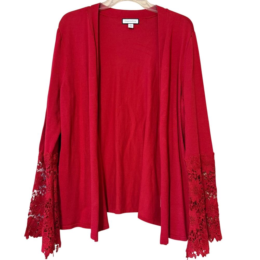 Vintage Charter Club Red Cardigan with Floral Lace Sleeves, Size L